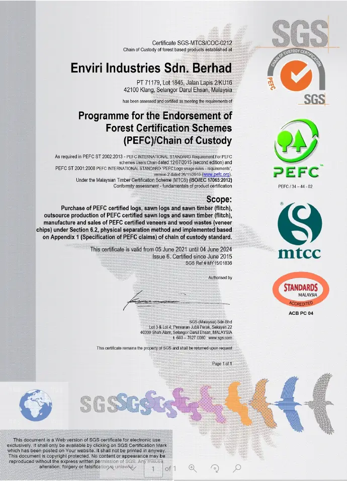 Enviri PEFC Certificate